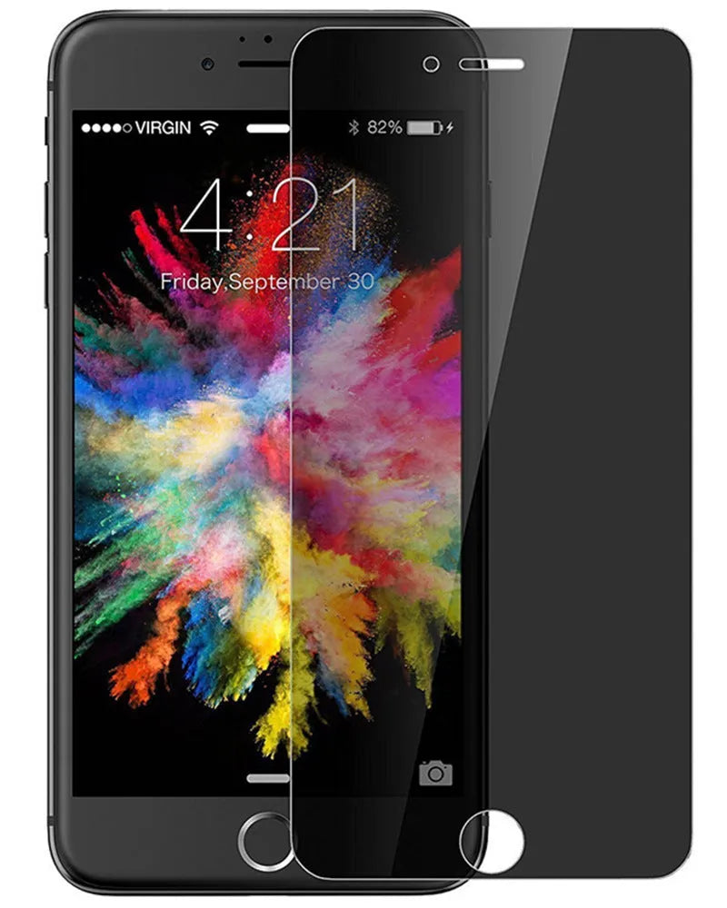 iPhone tempered glass screen protector with anti-peeping privacy feature shown on smartphone
