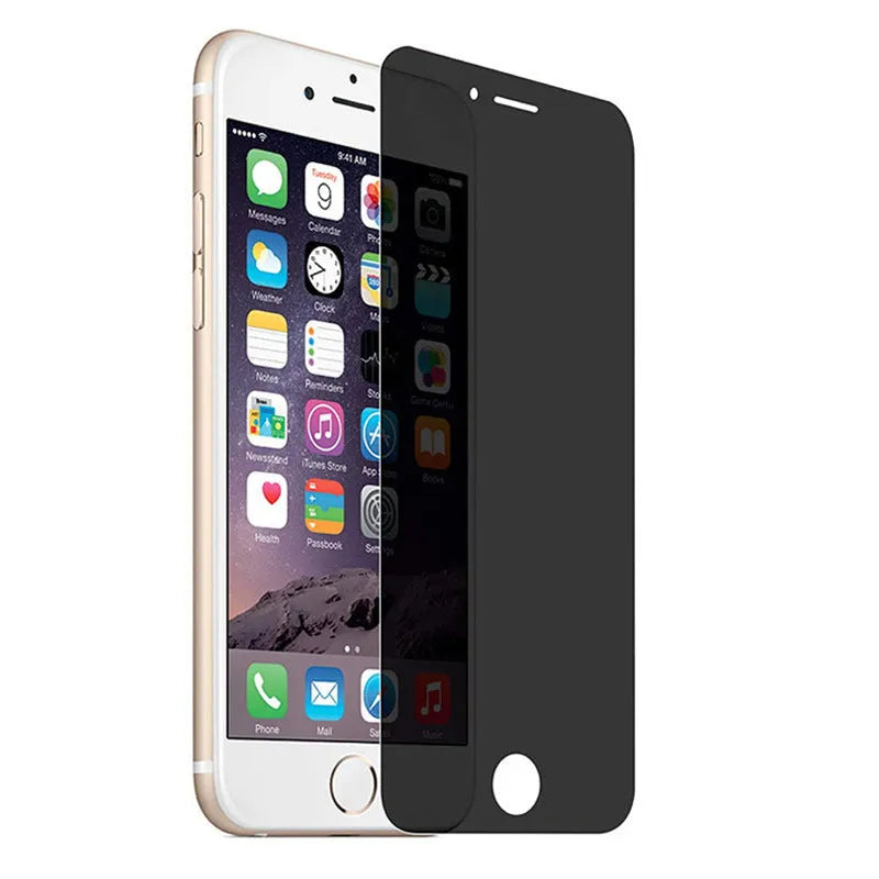iPhone tempered glass screen protector with anti-peeping privacy feature shown on smartphone