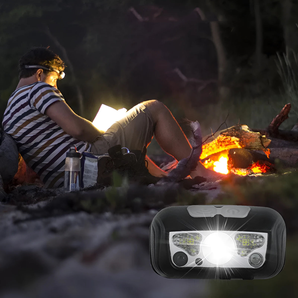 Black USB rechargeable sensor headlight with white and red LED lights showing hand-wave control sensor