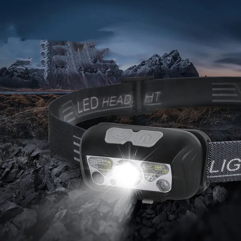 Black USB rechargeable sensor headlight with white and red LED lights showing hand-wave control sensor