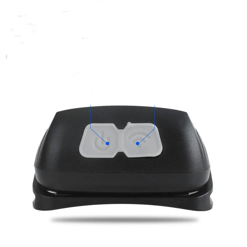 Black USB rechargeable sensor headlight with white and red LED lights showing hand-wave control sensor