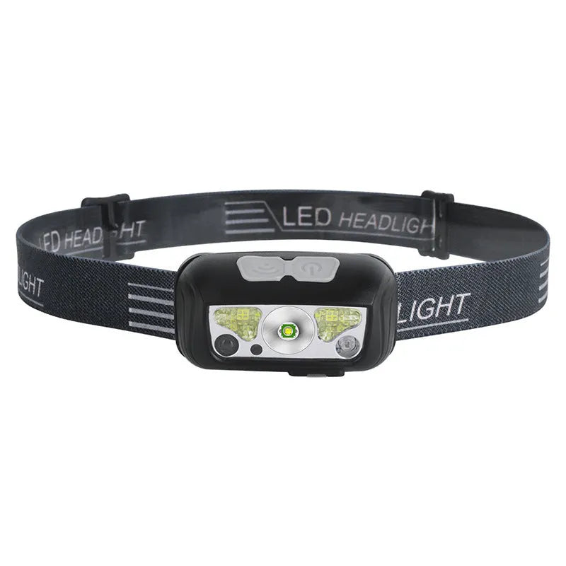 Black USB rechargeable sensor headlight with white and red LED lights showing hand-wave control sensor