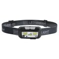 Black USB rechargeable sensor headlight with white and red LED lights showing hand-wave control sensor