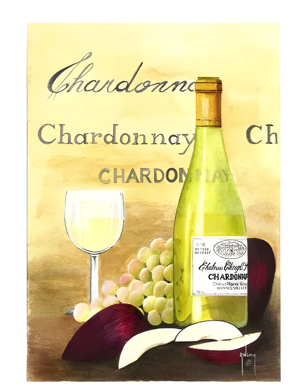 Apple and Chardonnay digital painting DIY kit with linen canvas, brushes, and paints.