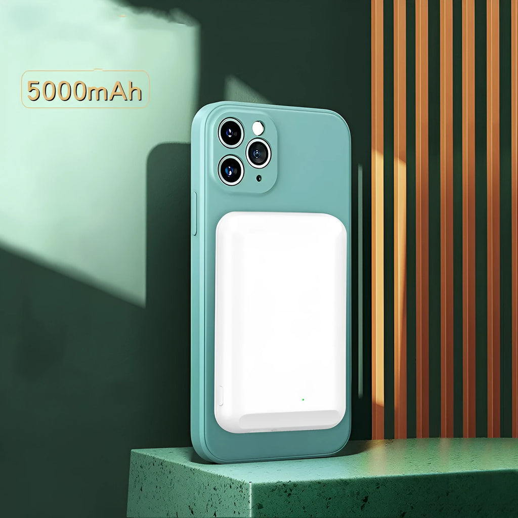 5000mAh magnetic wireless power bank in five colour options showing plastic shell and polymer lithium ion cell