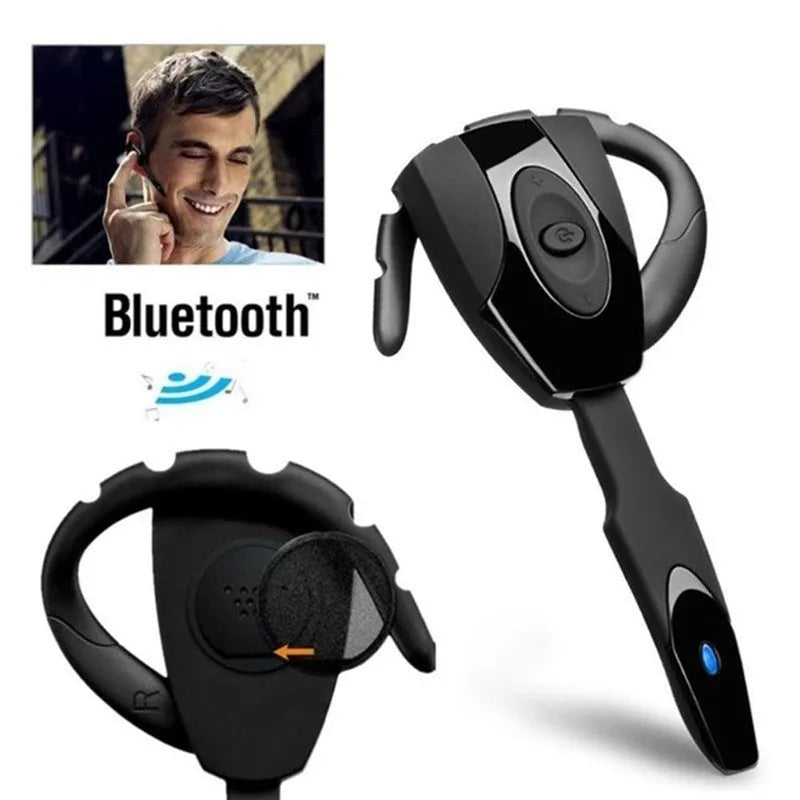 Single ear business Bluetooth headset in black with hanging ear design and microphone