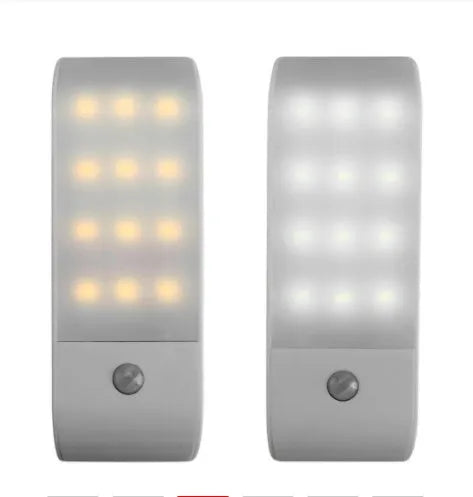 White rechargeable LED night light with infrared motion sensor on a wall.