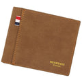 Men's short tri-fold wallet in retro style, shown in black, navy blue, dark brown, and light brown colour options.