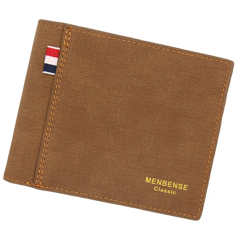 Men's short tri-fold wallet in retro style, shown in black, navy blue, dark brown, and light brown colour options.