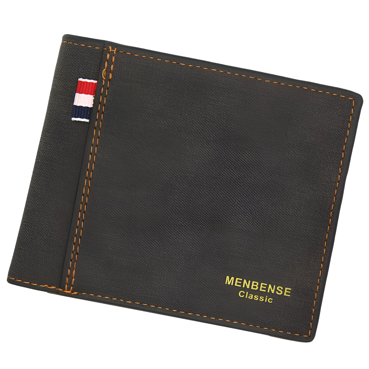 Men's short tri-fold wallet in retro style, shown in black, navy blue, dark brown, and light brown colour options.