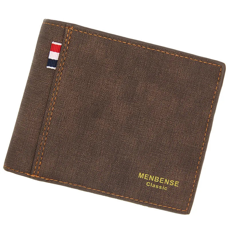 Men's short tri-fold wallet in retro style, shown in black, navy blue, dark brown, and light brown colour options.