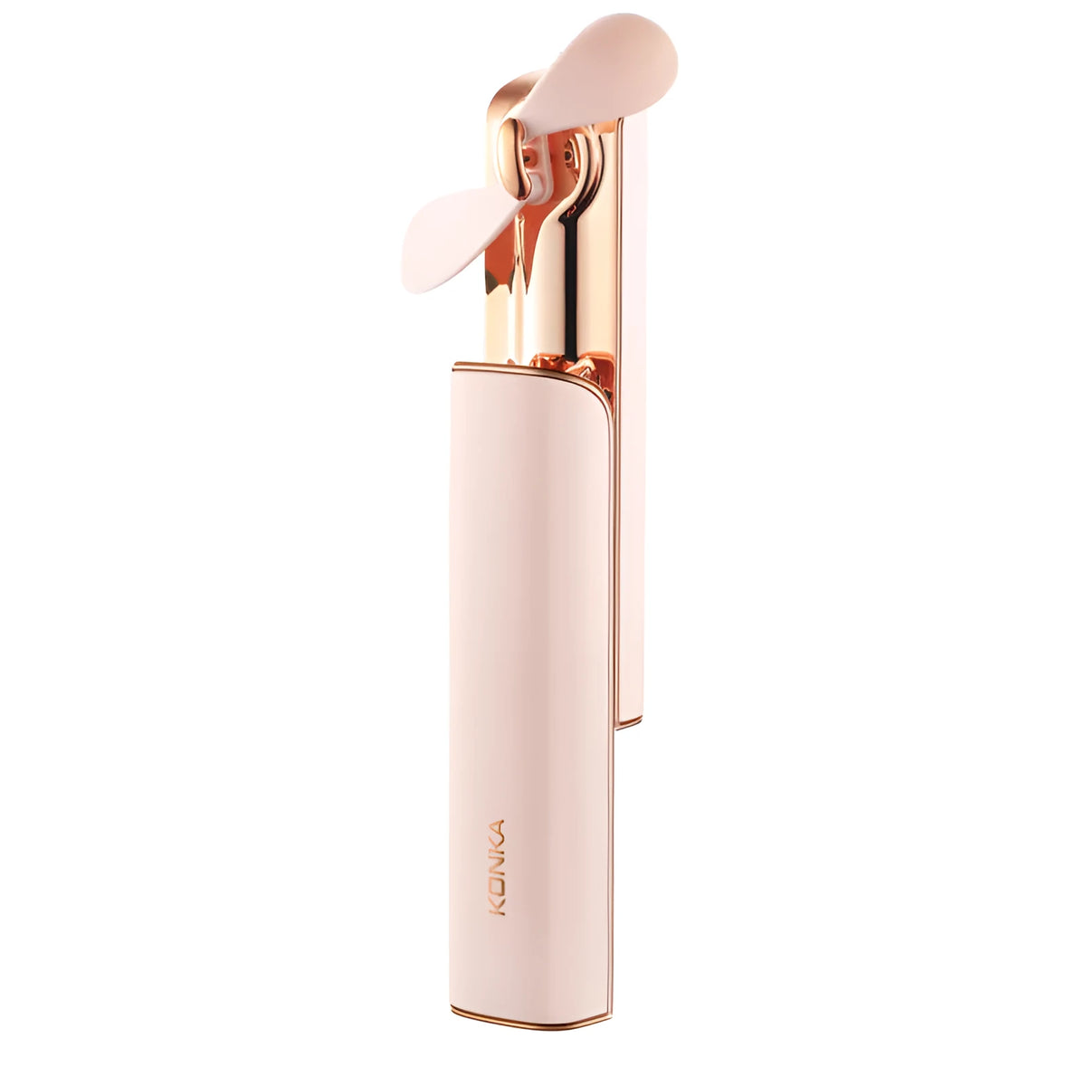 Pink mini folding handheld electric fan with USB port and mechanical control buttons.