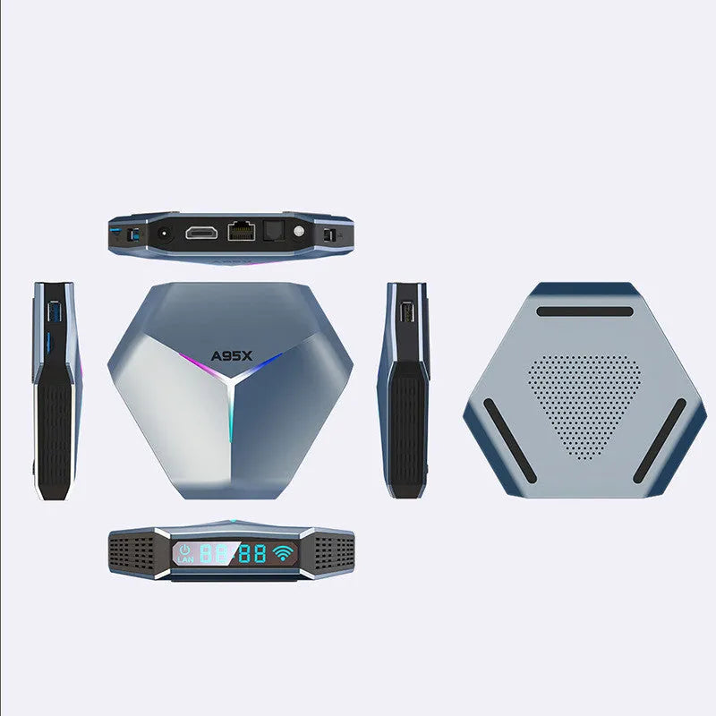 Android TV set-top box with remote control showing 8K Ultra HD and dual-band WiFi capabilities