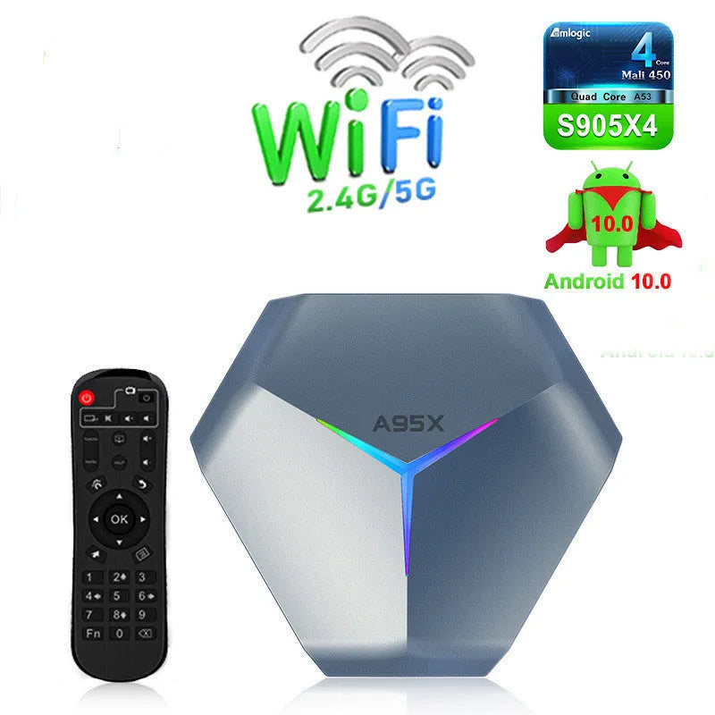 Android TV set-top box with remote control showing 8K Ultra HD and dual-band WiFi capabilities