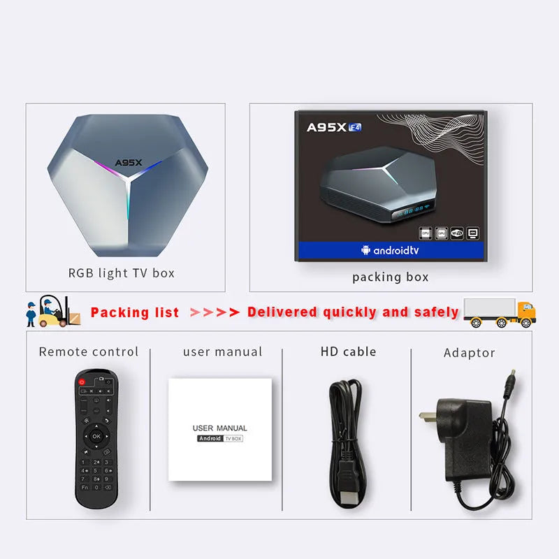Android TV set-top box with remote control showing 8K Ultra HD and dual-band WiFi capabilities