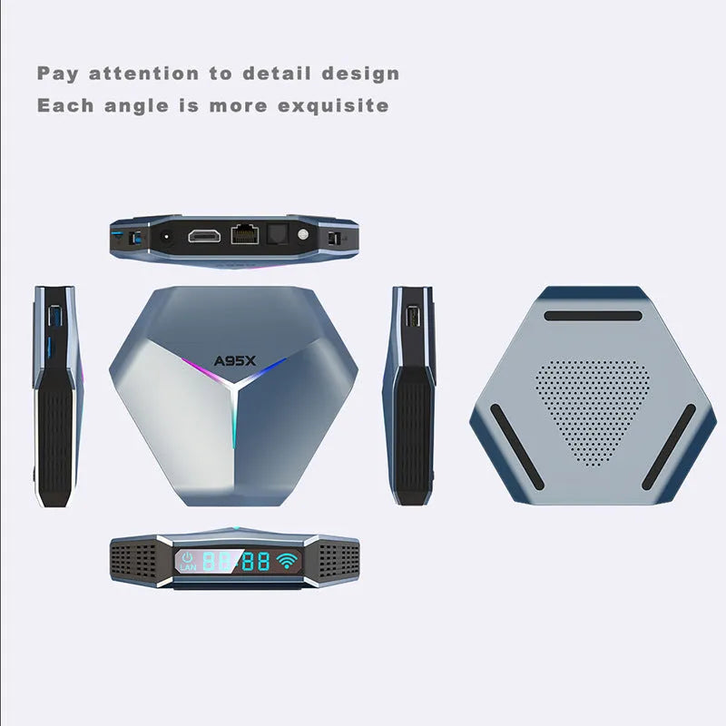 Android TV set-top box with remote control showing 8K Ultra HD and dual-band WiFi capabilities