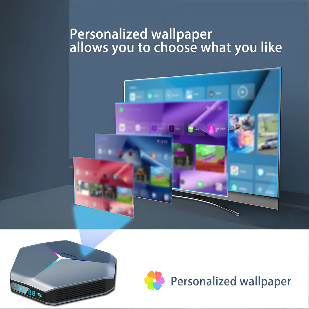Android TV set-top box with remote control showing 8K Ultra HD and dual-band WiFi capabilities
