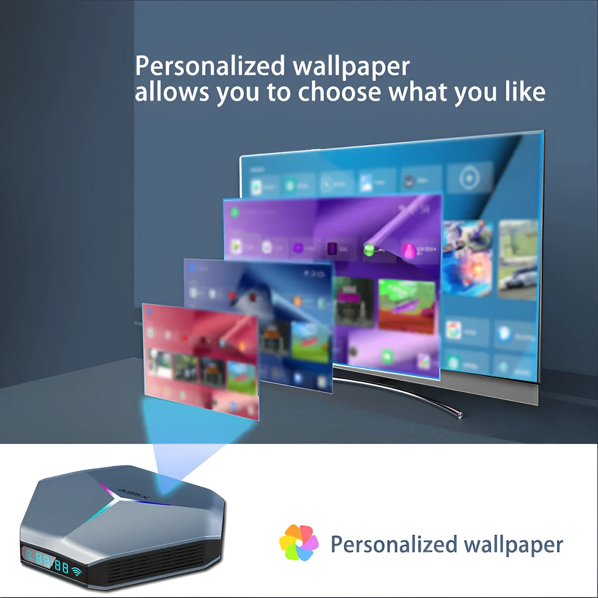 Android TV set-top box with remote control showing 8K Ultra HD and dual-band WiFi capabilities