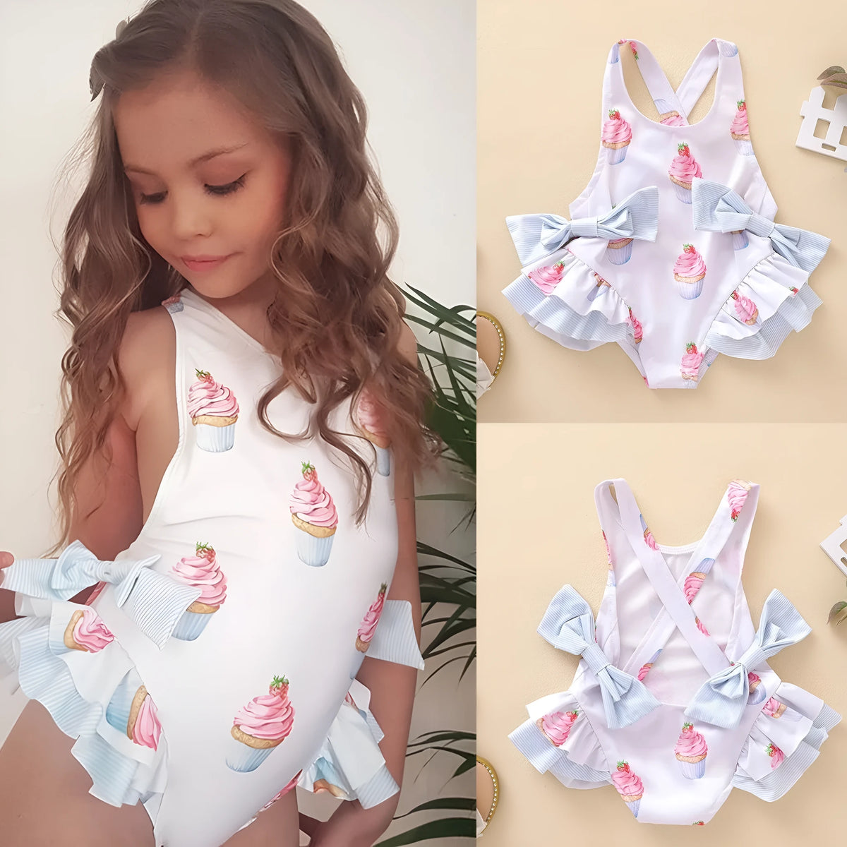 Girls white print sundress shown in sizes 80cm to 130cm, suitable for ages 3 months to 14 years