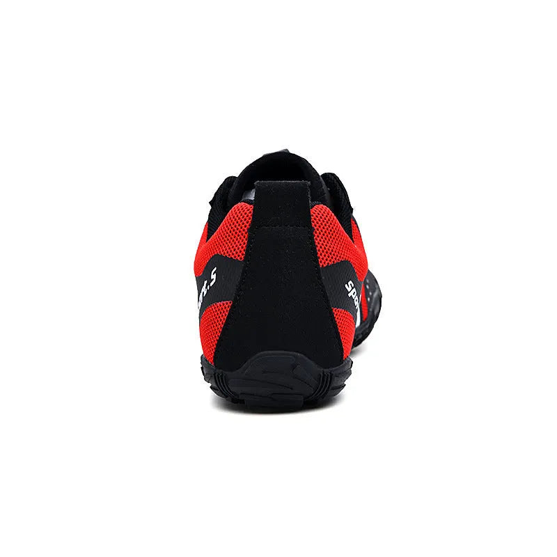 Outdoor wading shoes in red with mesh upper and textured rubber sole.