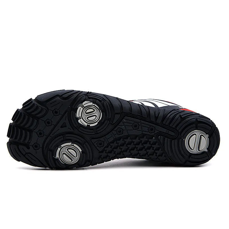 Outdoor wading shoes in red with mesh upper and textured rubber sole.