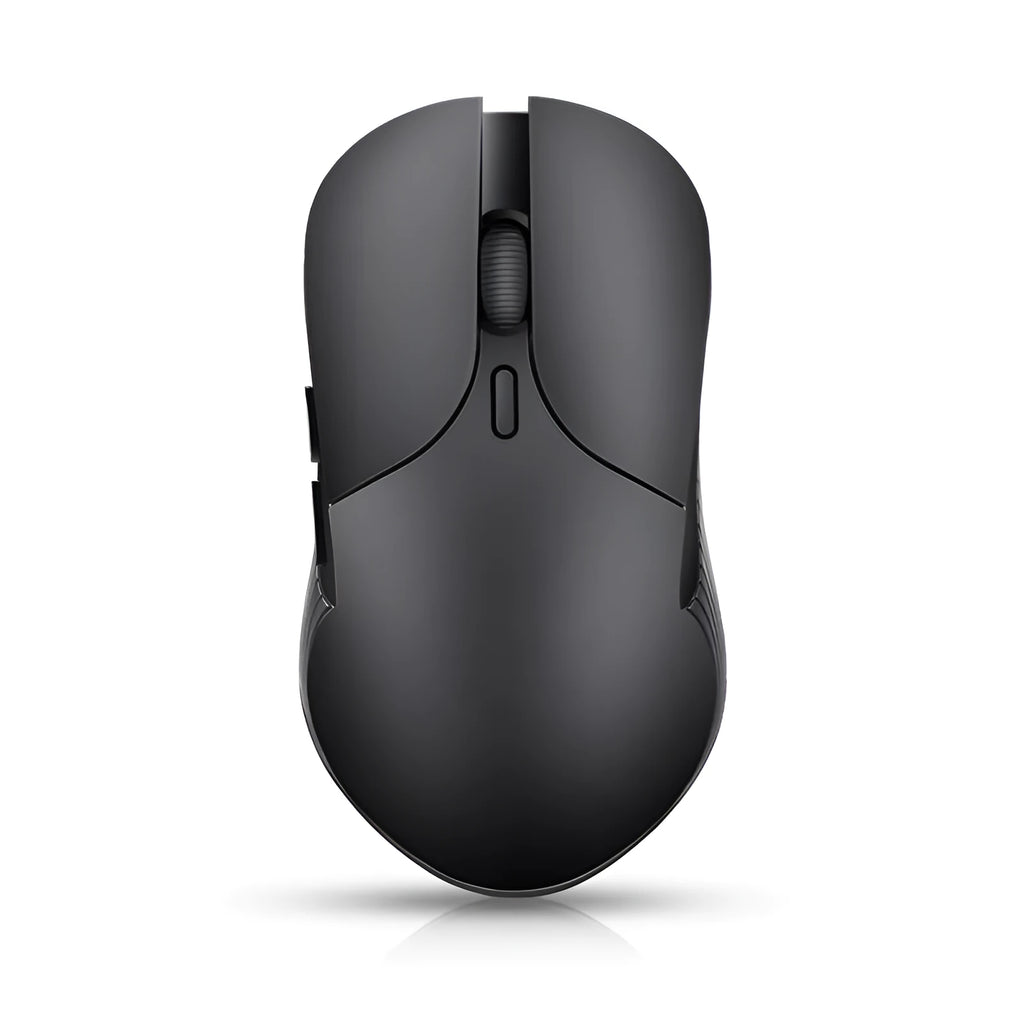 Blue wireless voice mouse with translation function showing dimensions and voice control button