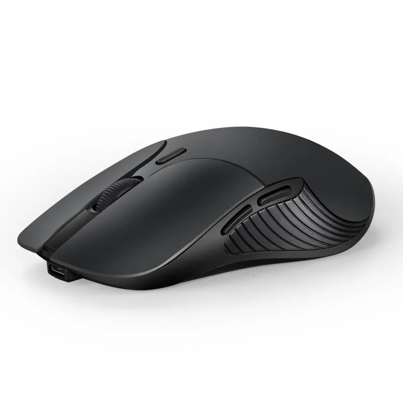 Blue wireless voice mouse with translation function showing dimensions and voice control button