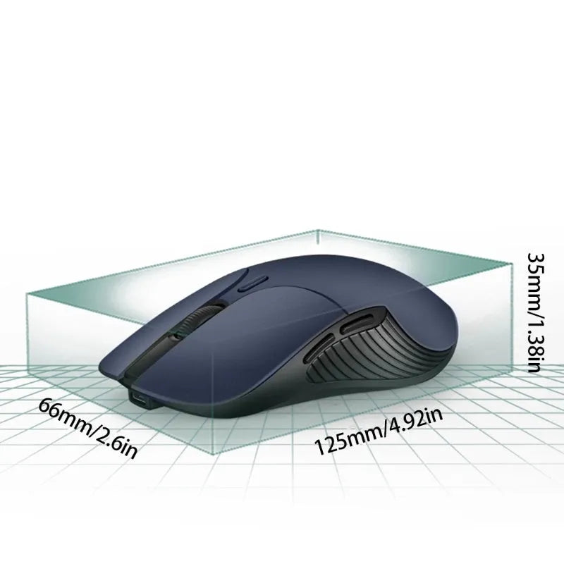 Blue wireless voice mouse with translation function showing dimensions and voice control button