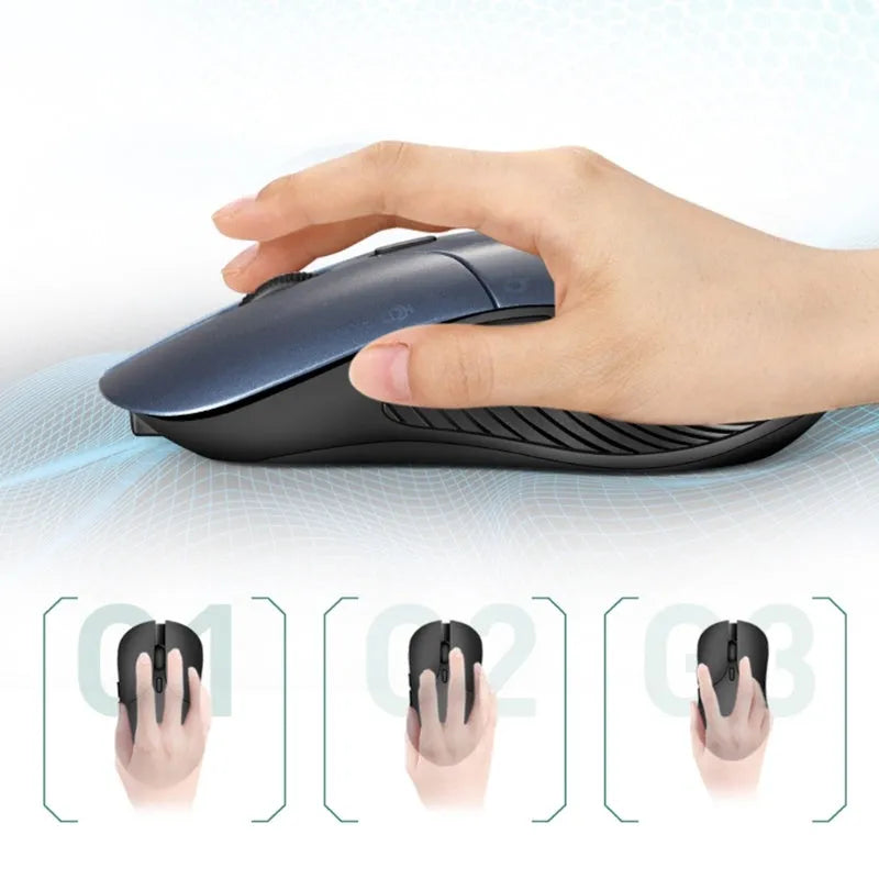 Blue wireless voice mouse with translation function showing dimensions and voice control button