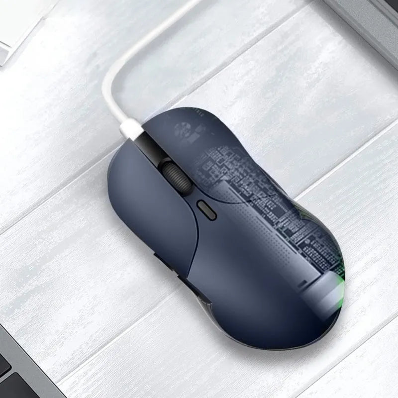 Blue wireless voice mouse with translation function showing dimensions and voice control button