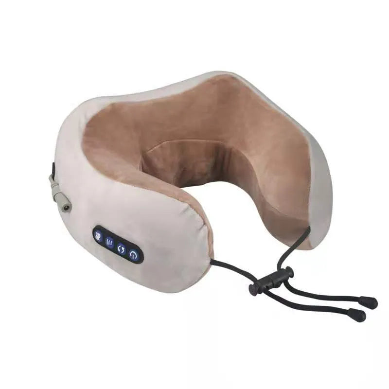 Brown U-shaped electric massage pillow for neck and shoulders with USB charging cable