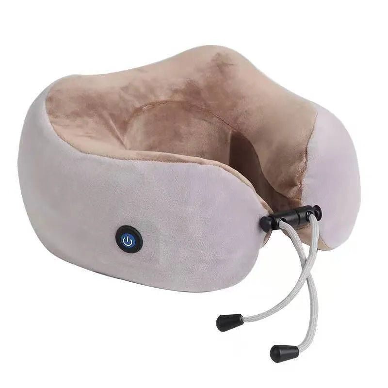 Brown U-shaped electric massage pillow for neck and shoulders with USB charging cable