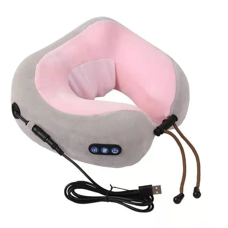 Brown U-shaped electric massage pillow for neck and shoulders with USB charging cable