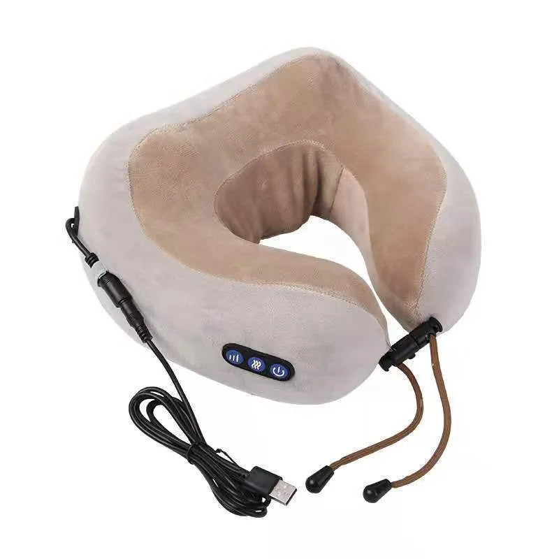 Brown U-shaped electric massage pillow for neck and shoulders with USB charging cable