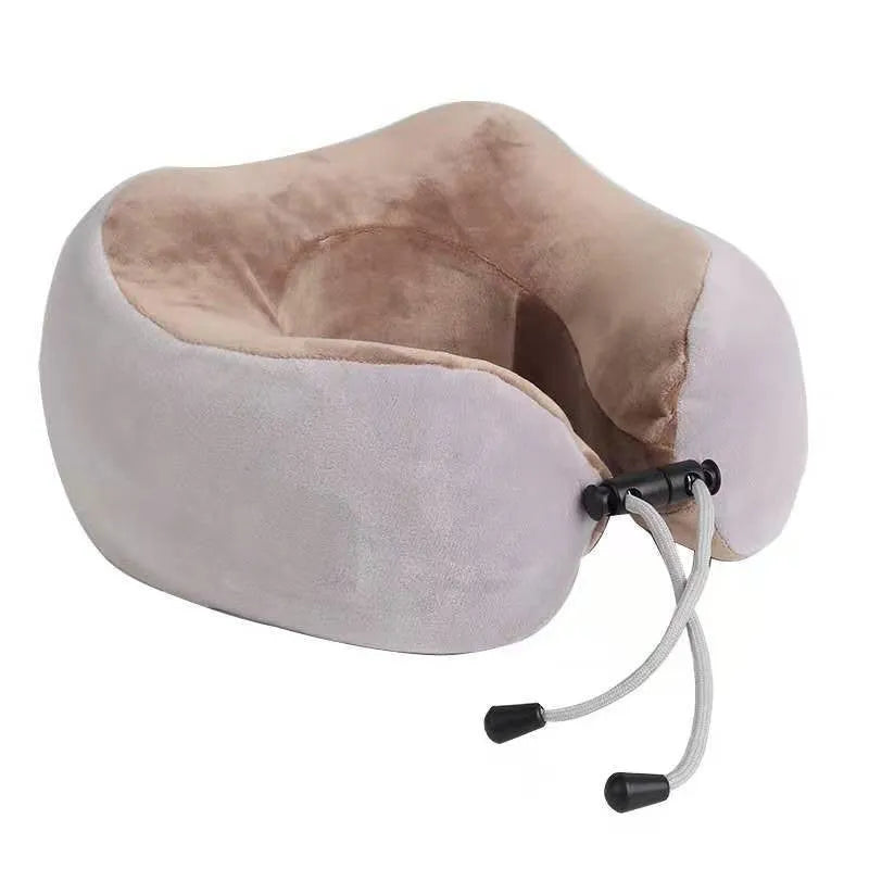 Brown U-shaped electric massage pillow for neck and shoulders with USB charging cable