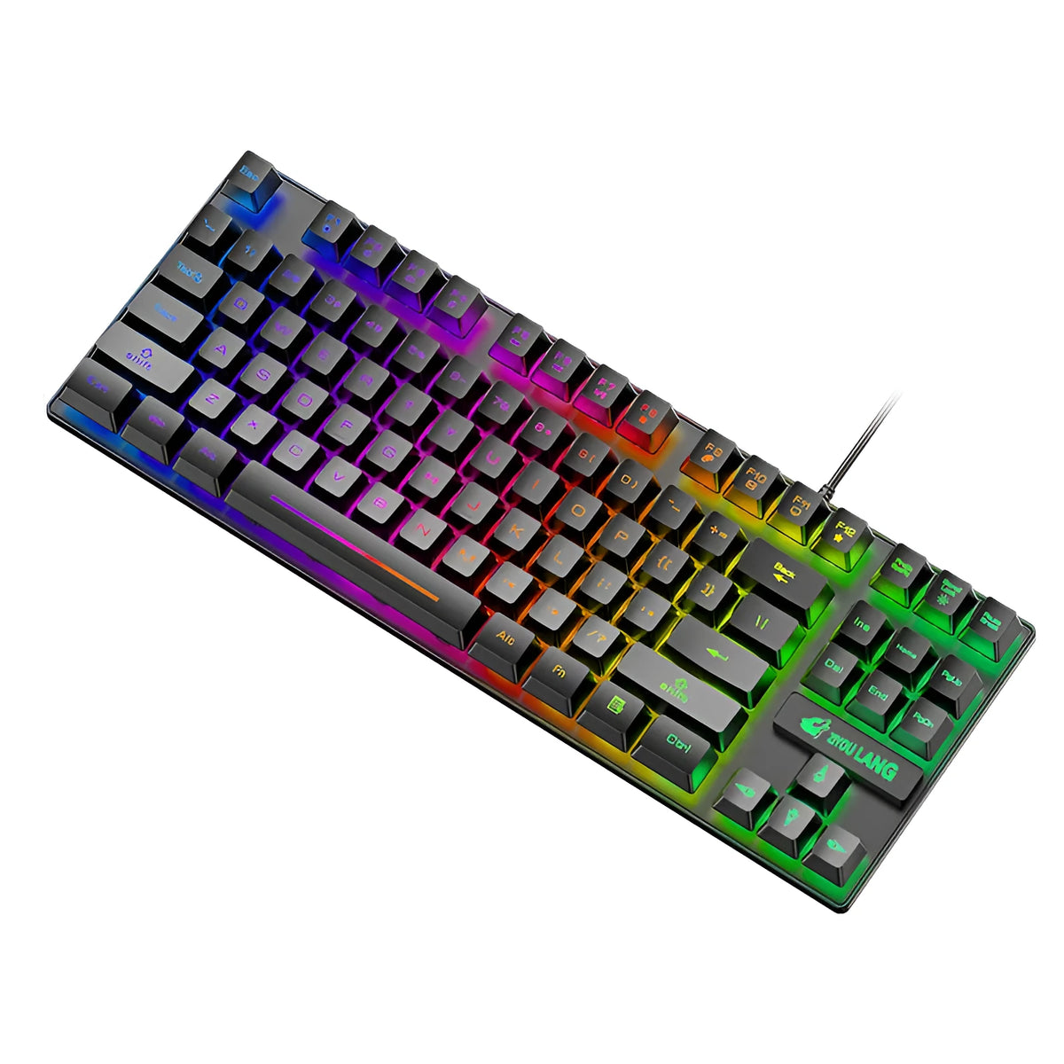 Black and white mechanical gaming keyboard with coloured key options on a desk.