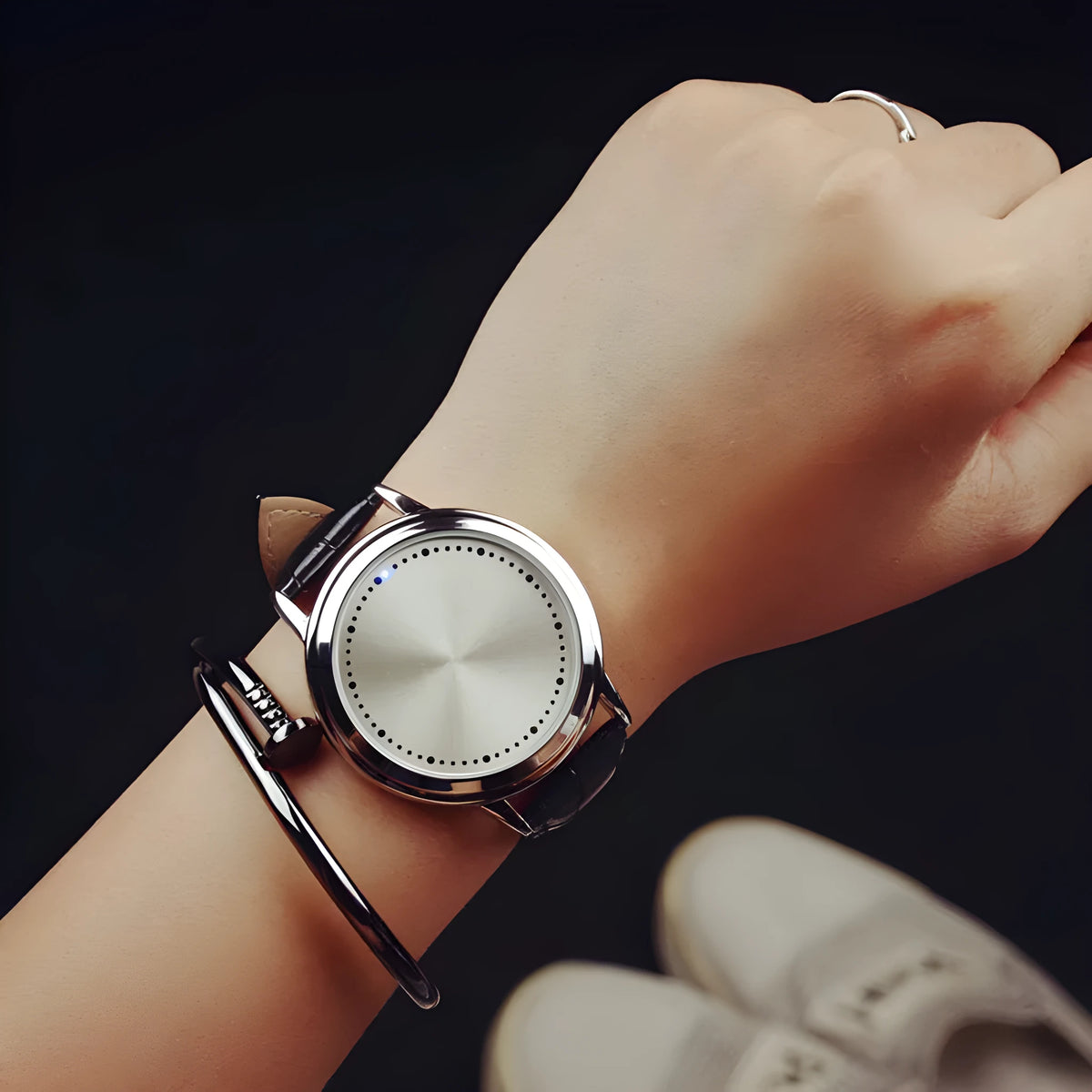 Electronic digital watch with blue LED number display in black or white casual style