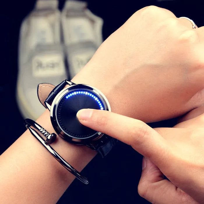 Electronic digital watch with blue LED number display in black or white casual style