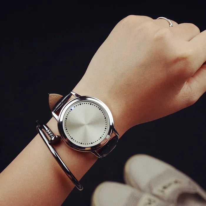 Electronic digital watch with blue LED number display in black or white casual style