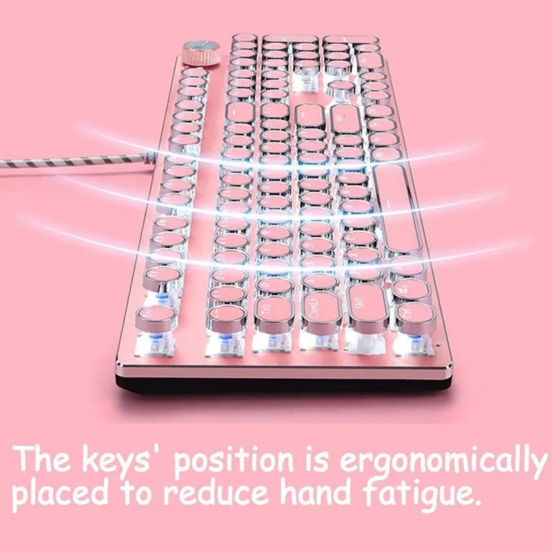 Mechanical keyboard and mouse set with silver bottom pink chassis green switches white backlight