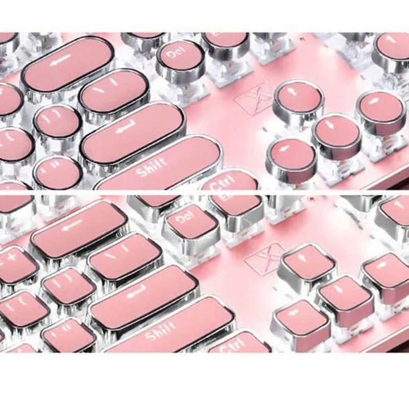 Mechanical keyboard and mouse set with silver bottom pink chassis green switches white backlight