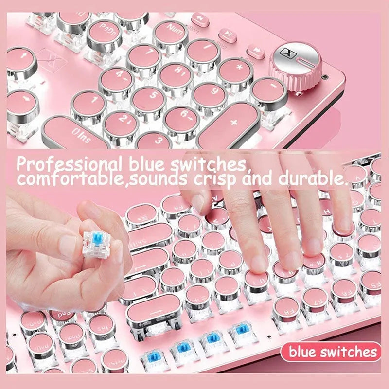 Mechanical keyboard and mouse set with silver bottom pink chassis green switches white backlight