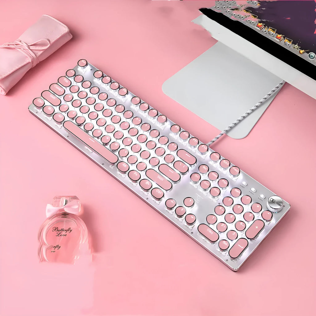 Mechanical keyboard and mouse set with silver bottom pink chassis green switches white backlight