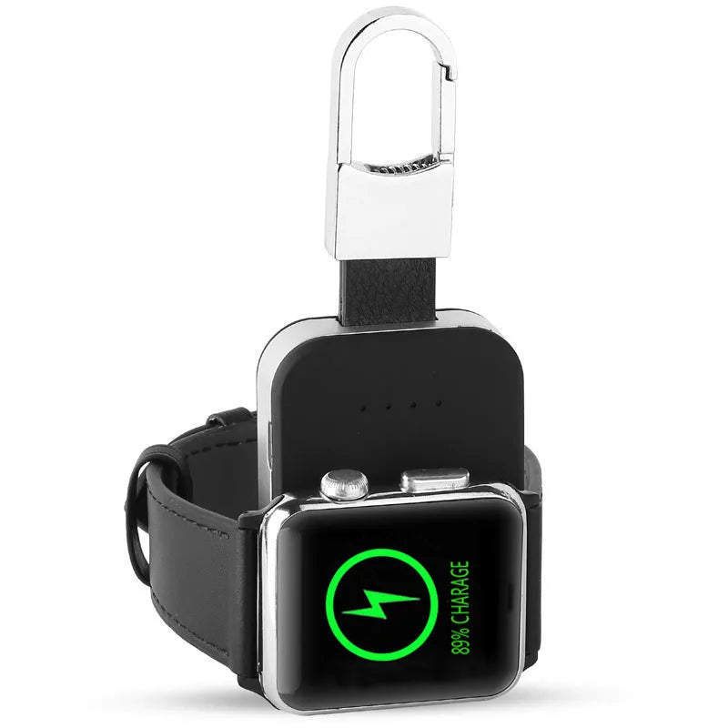 Black Apple Watch wireless charging power bank with keychain attachment for portable use