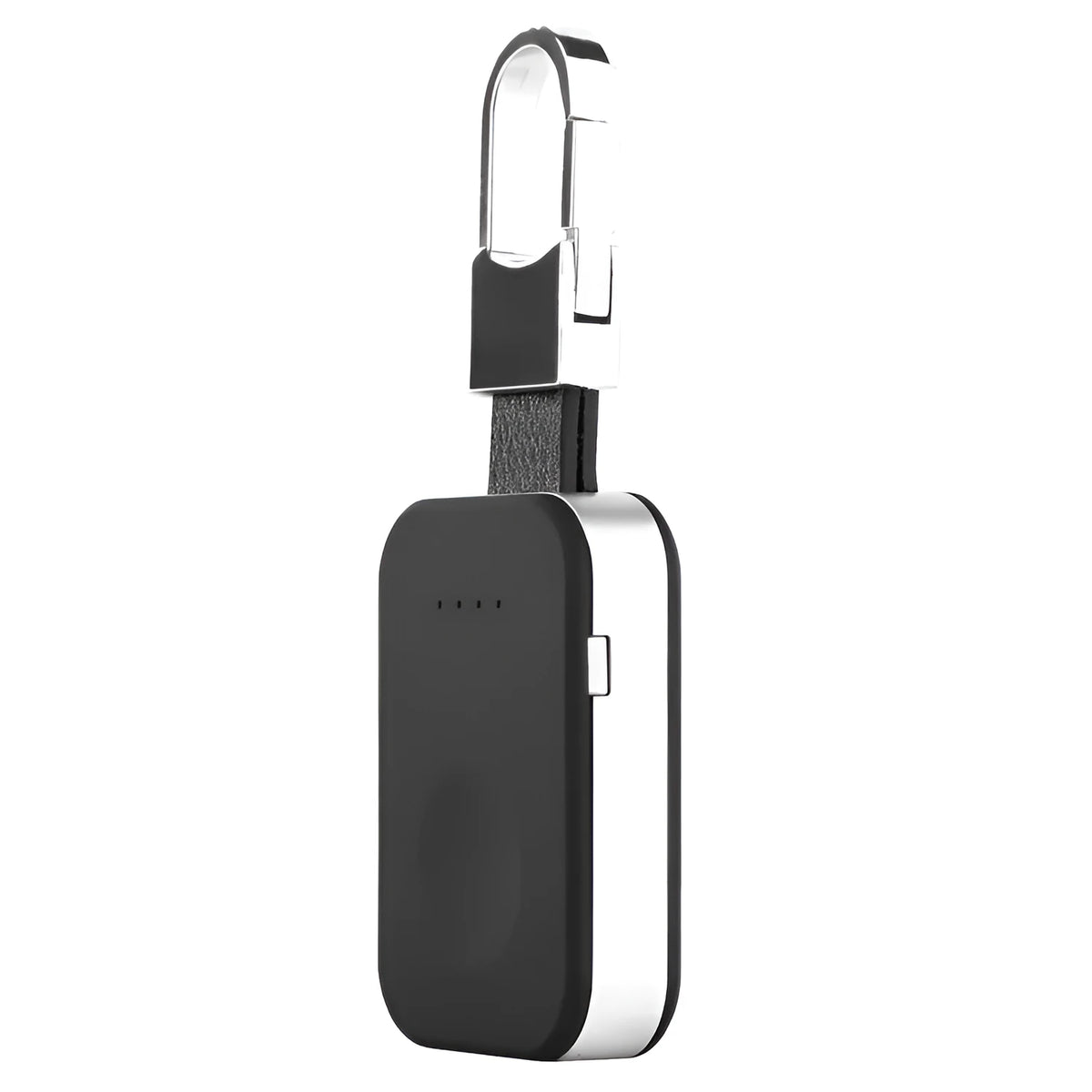 Black Apple Watch wireless charging power bank with keychain attachment for portable use