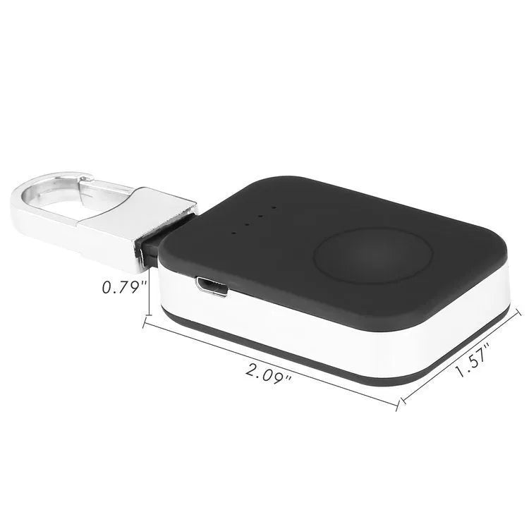 Black Apple Watch wireless charging power bank with keychain attachment for portable use