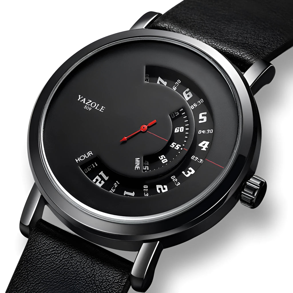 Men's casual metal watch with black dial showing pointer and number display, on a metal strap with pin buckle.