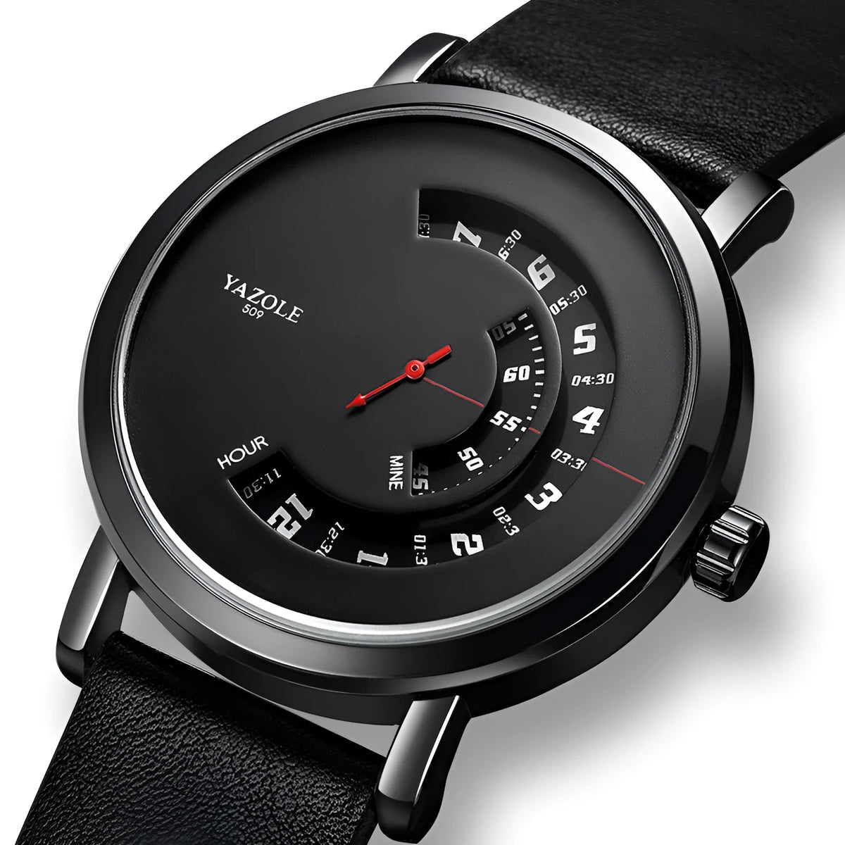 Men's casual metal watch with black dial showing pointer and number display, on a metal strap with pin buckle.