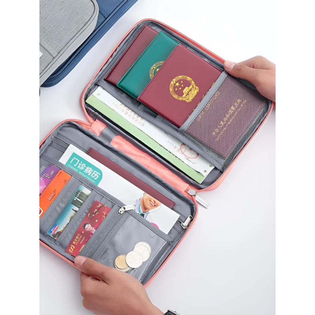 Small and large waterproof passport covers in black, blue, grey, pink, and sky blue.