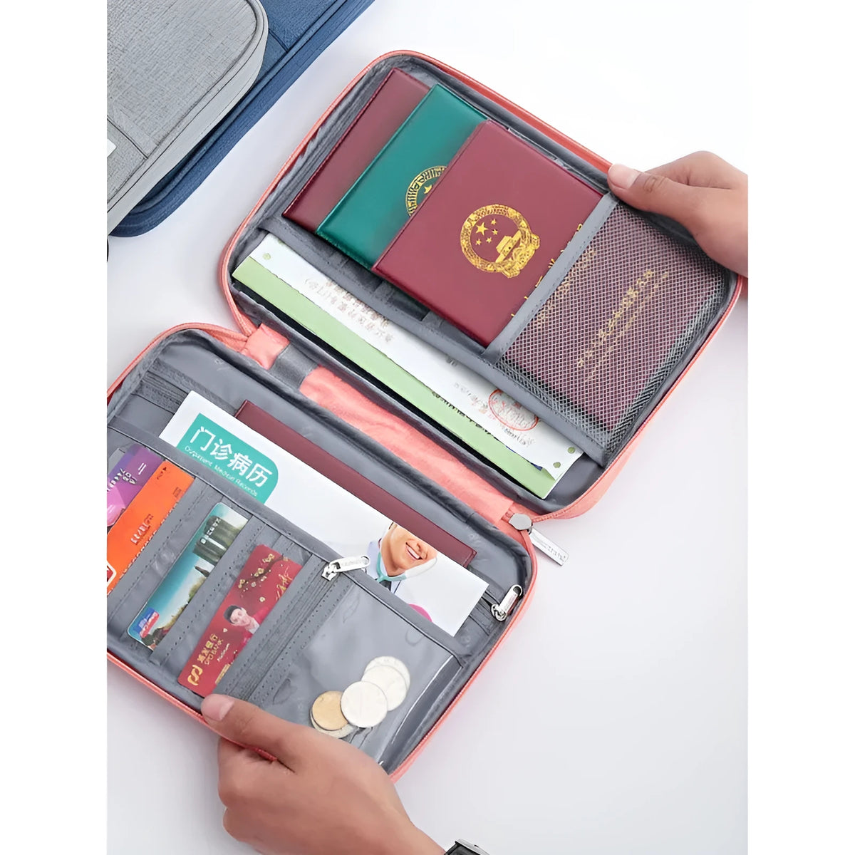 Small and large waterproof passport covers in black, blue, grey, pink, and sky blue.